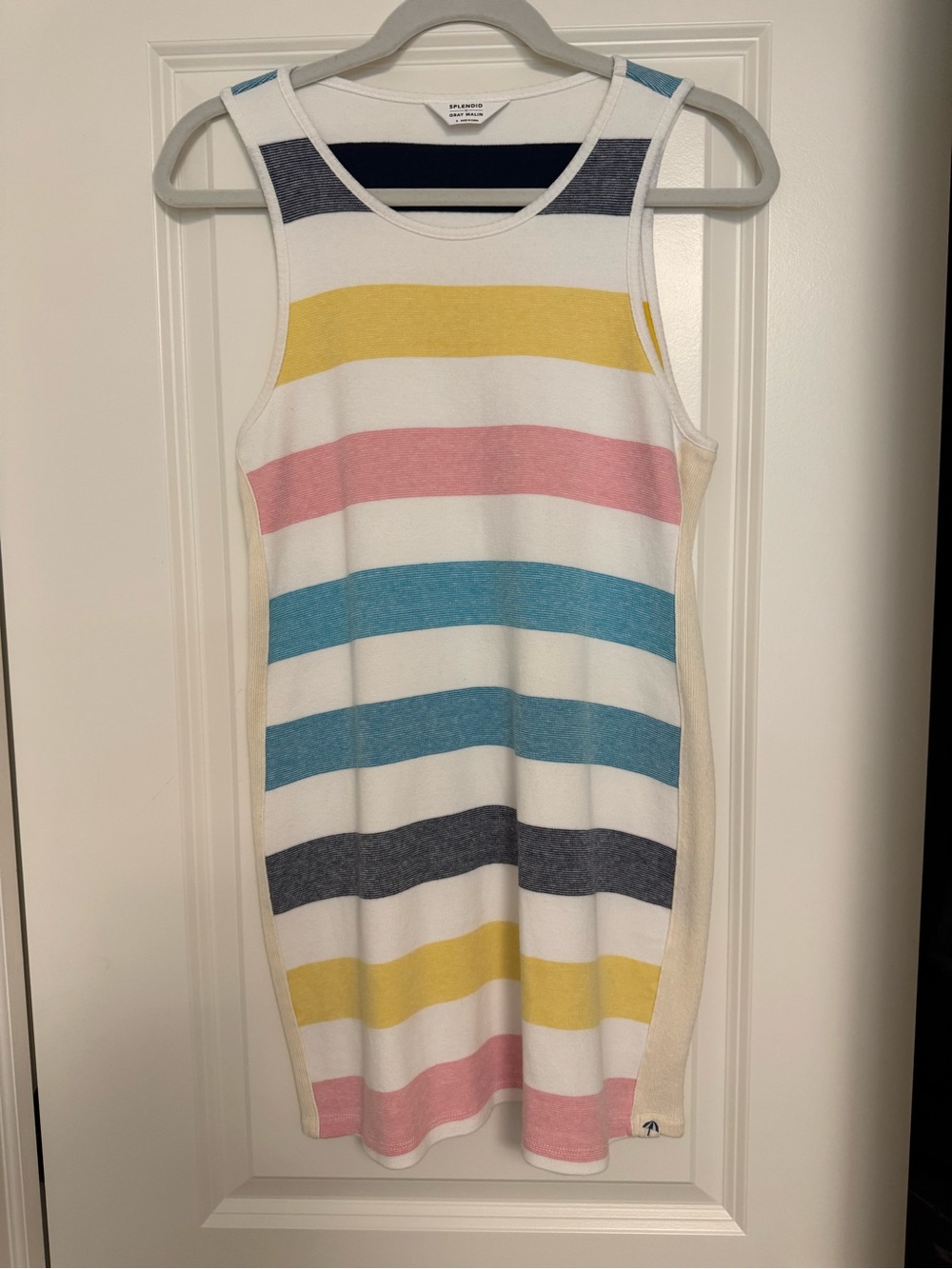 Women’s tank Dress - White with Yellow, Pink, Blue & Gray Stripes